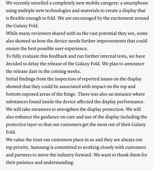 Samsung Statement on Samsung Fold